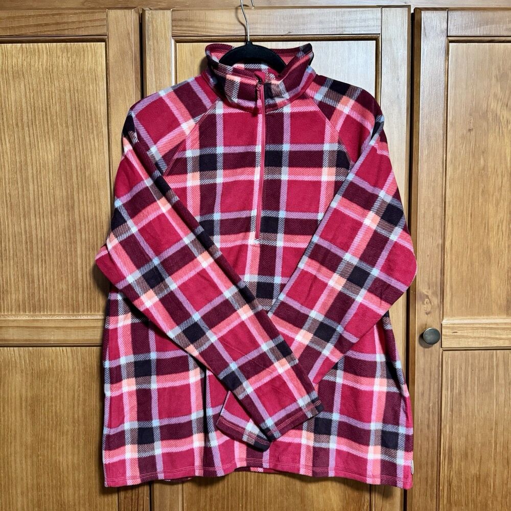 Eddie Bauer Women's XL Quarter Zip Fleece Sweater Red Plaid Pullover EUC Berry